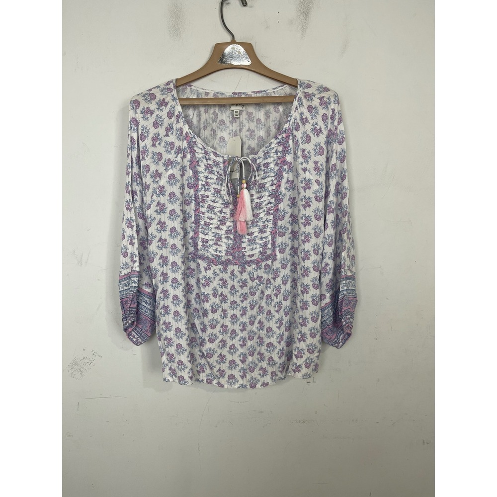 Wonderly Petite PXL Floral Peasant Blouse Pink Purple Metallic Tassel Tie‎ Top